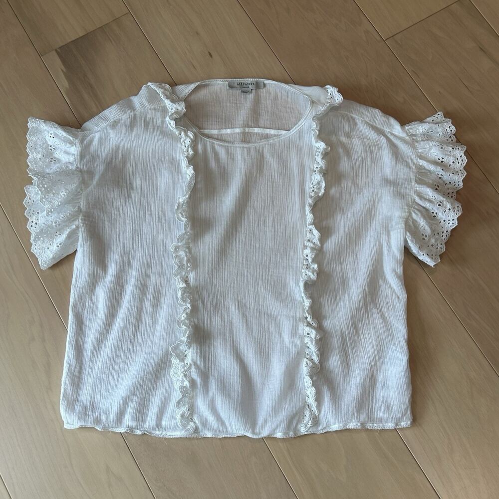 AllSaints Isa Tee Frilled Front Lace Flutter Short Sleeve Women’s Small - Picture 1 of 7